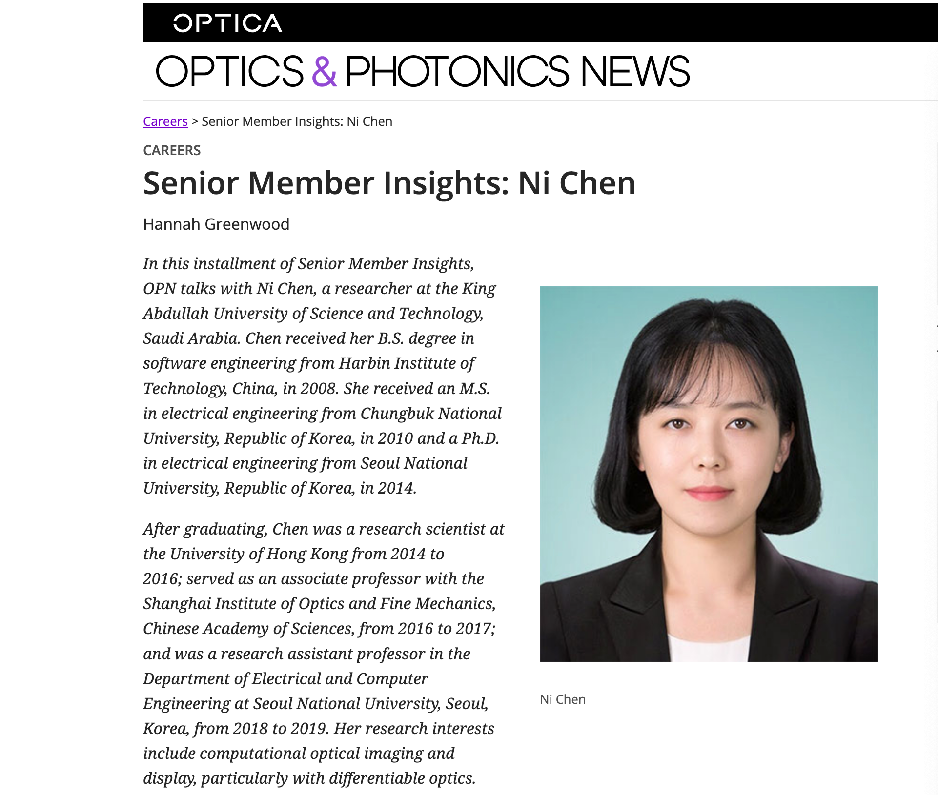 Senior Member Insights: Ni Chen (Optica OPN)